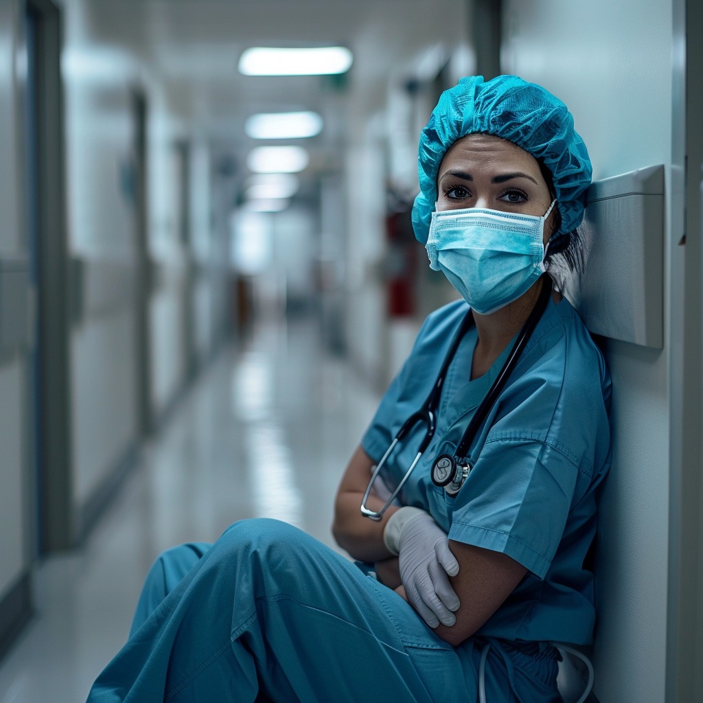 Tired healthcare worker leaning against wall