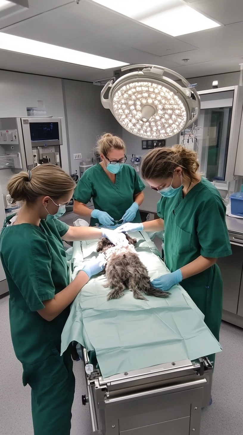 Veterinary surgical team working together